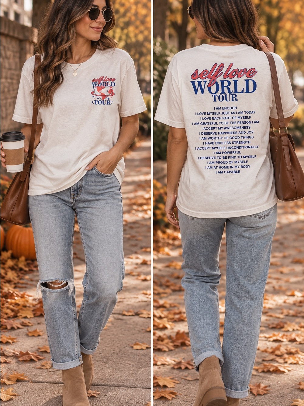 Gildan Cream 'Self Love World Tour' Graphic Tee — Blue & Red Print